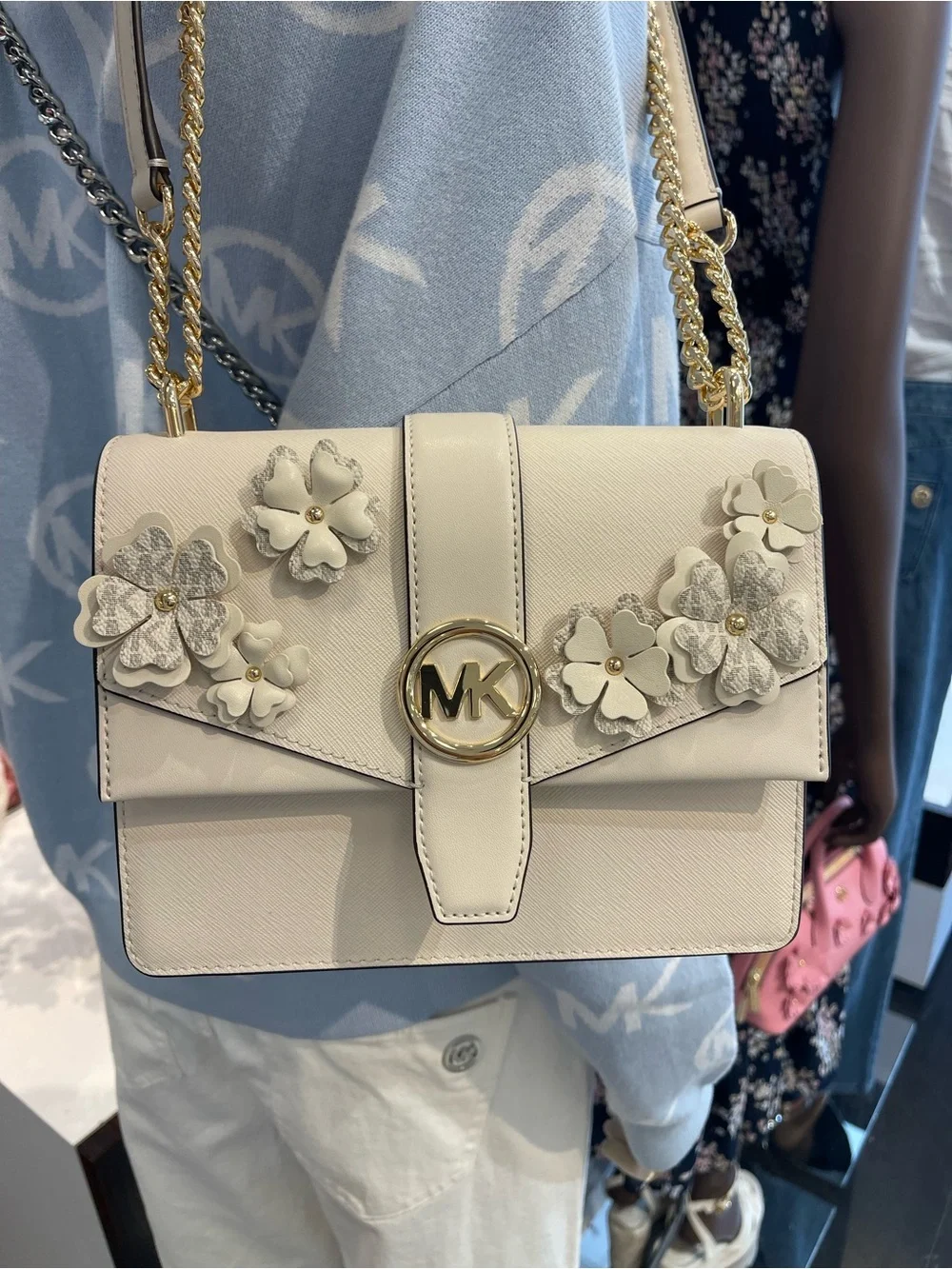 MICHAEL KORS Greenwich Sm Embellished Signature Logo Trim Crossbody Lt Cream NWT